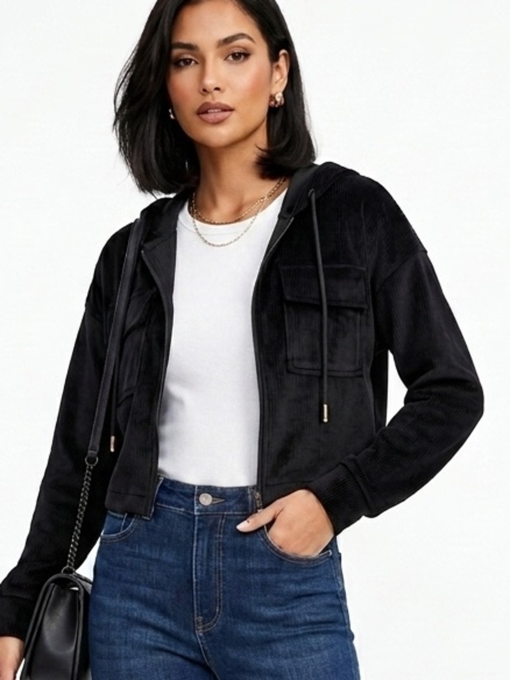 Ladies Zara Black Cropped Corduroy Bomber Jacket with Hood large school work1209